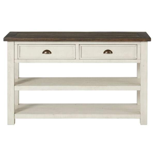 Fiya 50 Inch Coastal Sofa Console Table, 2 Drawers, 2 Shelves, Brown, White