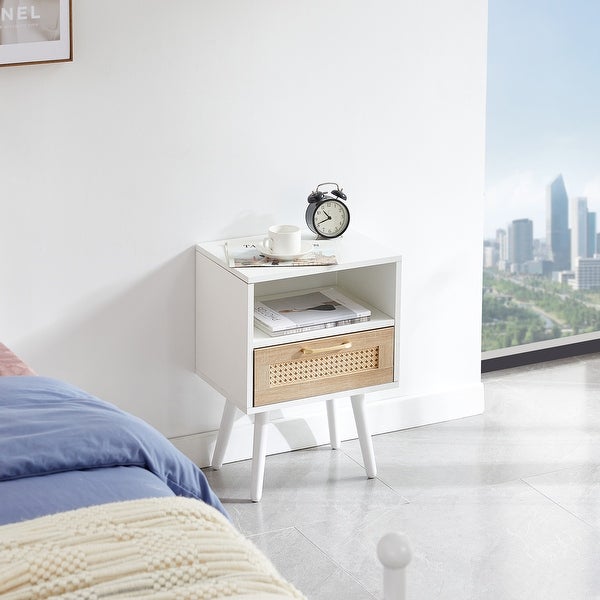 Modern Rattan Side table/Nightstand with 1 Shelf,1 drawer and 4 Solid Wood Legs