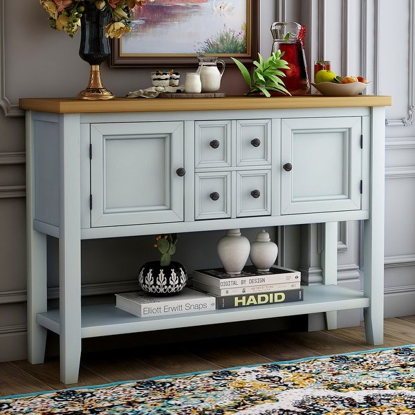 Wooden Console Table with 4 Storage Drawers and 2 Cabinets, Sofa Table with Bottom Shelf and Solid Wood Legs, Lime White