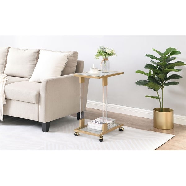 Glass Top C Shape Side Table with Wheels Acrylic Plant End Table for Living Room,Bedroom,Small Spaces