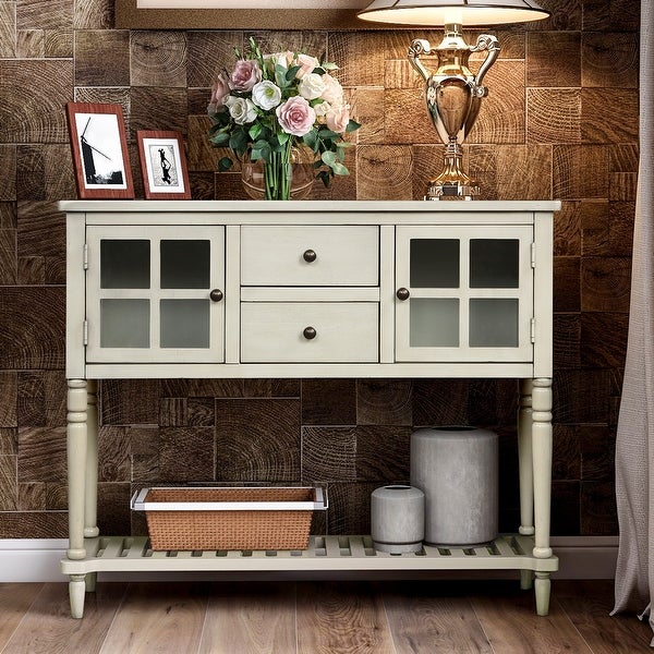 Farmhouse Distressed Sideboard Buffet Console Table with 2 Glass Front Cabinets, 2 Drawers and Slatted Bottom Shelf