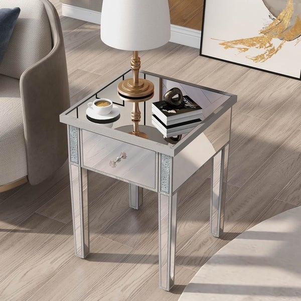 Modern Glass Mirrored End Table w/Drawer, Corner Table for Living Room