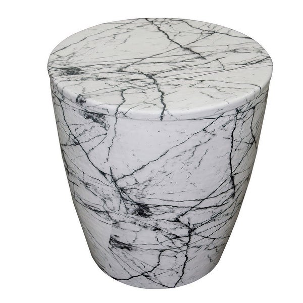 16 Inch Round Accent Side Table, Aluminum Sheet, Faux Marble, Enamel Coating, White - 16 H x 15 W x 15 L