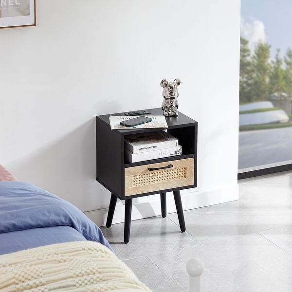 Modern Side table with Drawer and Solid Wood Legs,Rattan Nightstand with Power Outlet and USB Ports