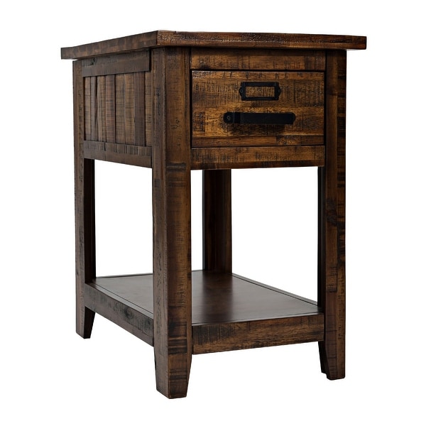 Side Table with 1 Drawer and Plank Style, Rustic Brown