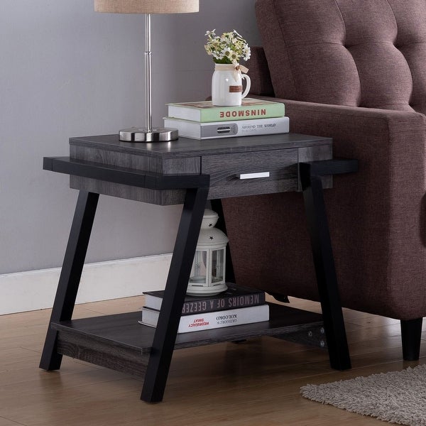 Q-Max Wooden End Table with Angled Leg Support and 1 Drawer, Black and Gray