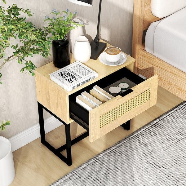 Nightstand, Side Table with Wicker Rattan
