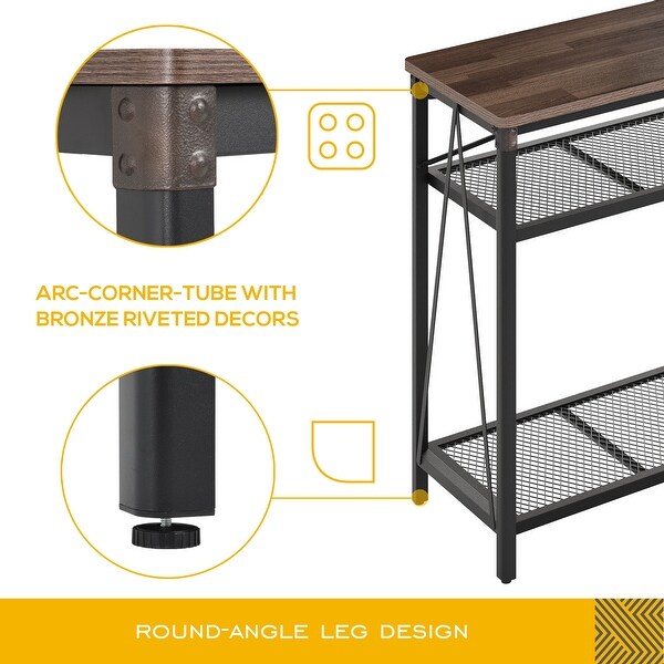 HOMOOI Console Sofa Table Industrial, 3-Tier Narrow Long Entryway Table with Mesh Storage Shelves, Spliced Woodgrain Top, 39.4