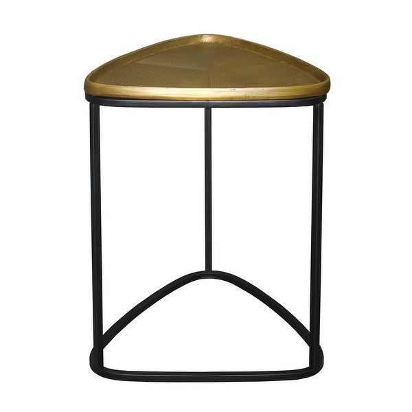 19 Inch Aluminum Side End Table, Iron Frame, Guitar Pick Shaped Top, Antique Brass, Black - 18.6 H x 14.7 W x 15.6 L I