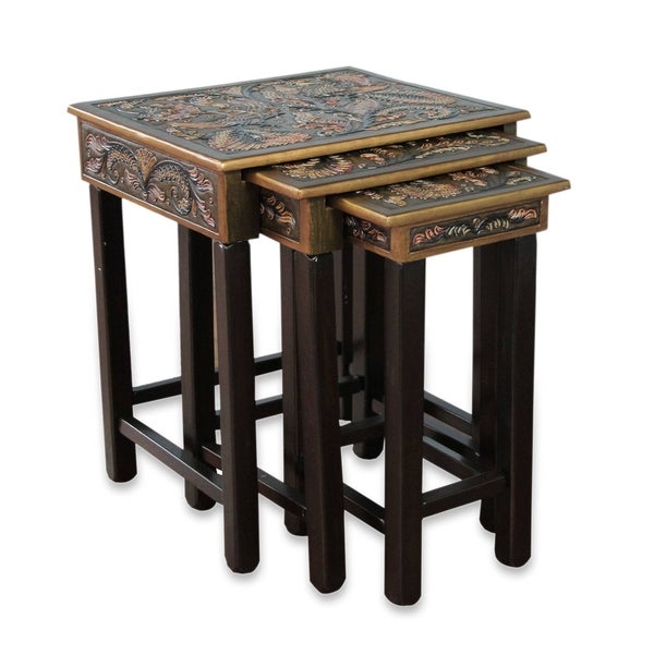 Handmade Tooled Leather Wood Side Tables, Set of 3 (Peru)