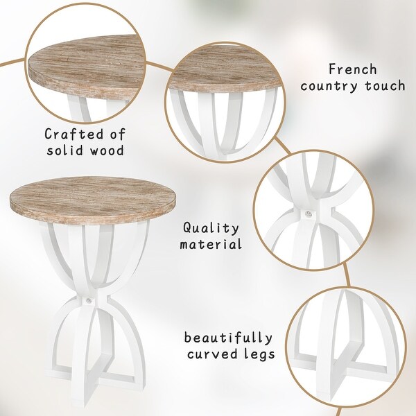Farmhouse Round End Table, Rustic Wood Side Table for Living Room/Bedroom, White/Natural