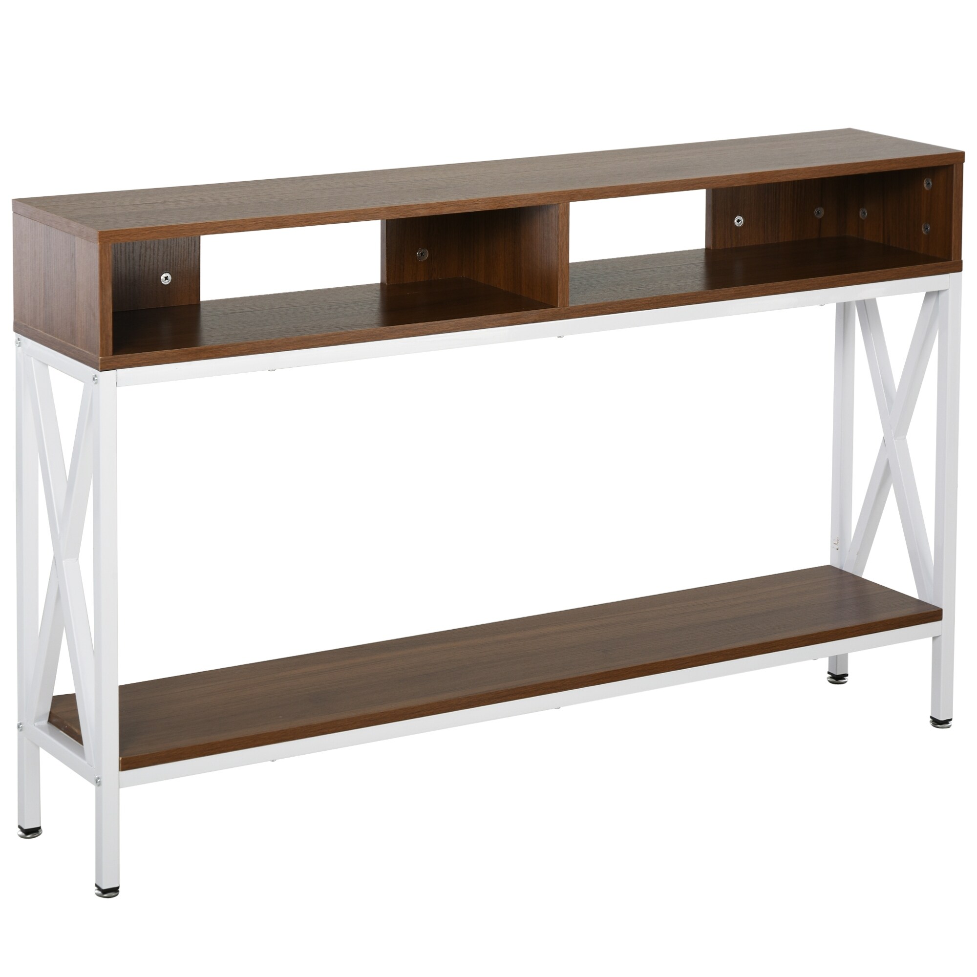 HOMCOM Industrial Style Entryway Console Table Desk with Shelf for Living Room, or Bedroom, Walnut Wood Grain