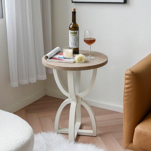 Farmhouse Round End Table, Rustic Wood Side Table for Living Room/Bedroom, White/Natural
