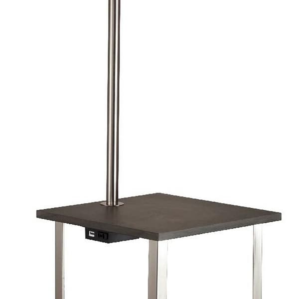 2 Shelf Wooden Side Table with Attached Floor Lamp, Silver and Brown