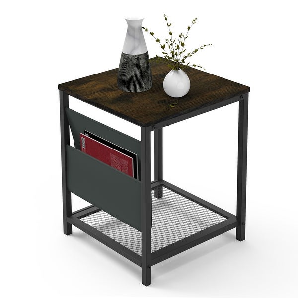 Side Table with Storage Bag Square End Table with Grid Storage Rack, Sofa Table for Living Room Bedroom Small Spaces