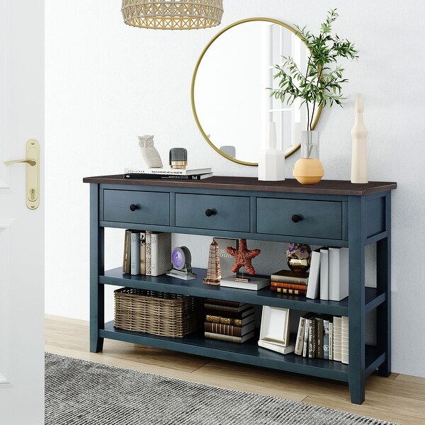 Retro Design Pine Solid Wood Console Table with Two Open Shelves