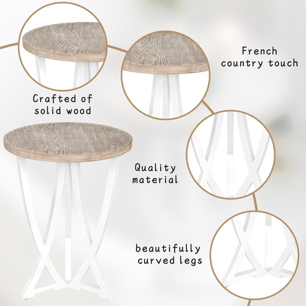 Farmhouse Round End Table, Rustic Wood Side Table for Living Room/Bedroom, White/Natural