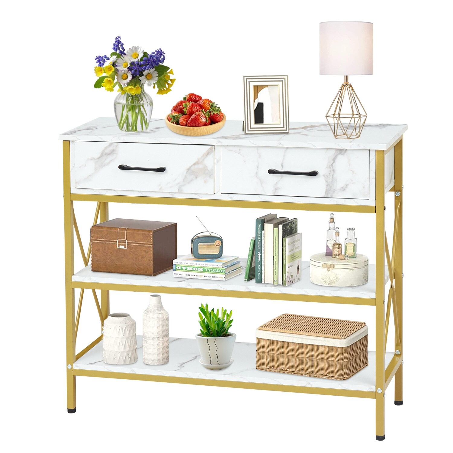 Kinbor Console Table with Drawers, Modern Entryway sofa Table w/ 3 Tiers Storage Shelves for Entryway, Living Room Furniture