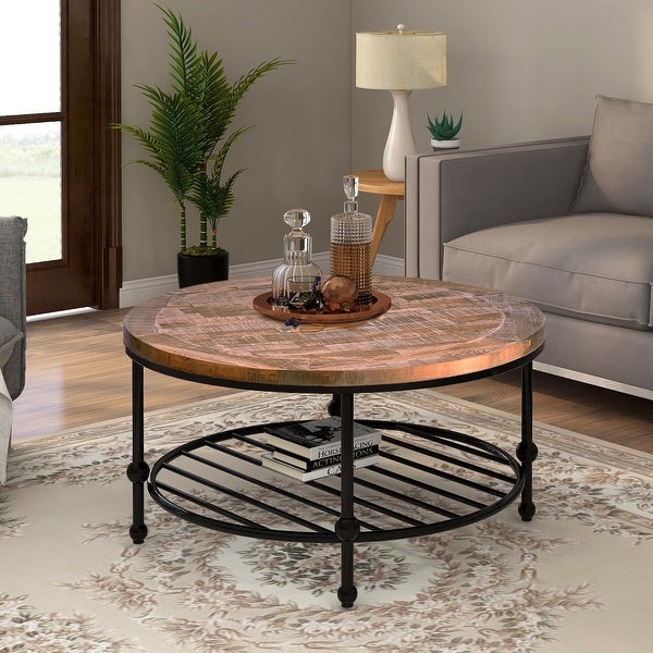 Round Console Table with a Storage Shelf and Solid Iron Support Base, Classic Rustic Coffee Table for Living Room, Easy Assembly