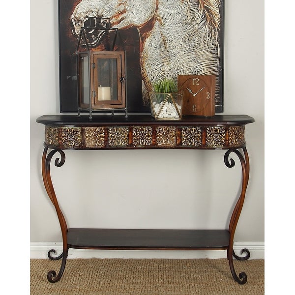 Traditional Brown Wood and Metal Console, Entryway, Hallway Table with Ornate Detailing and Round Edges, 43
