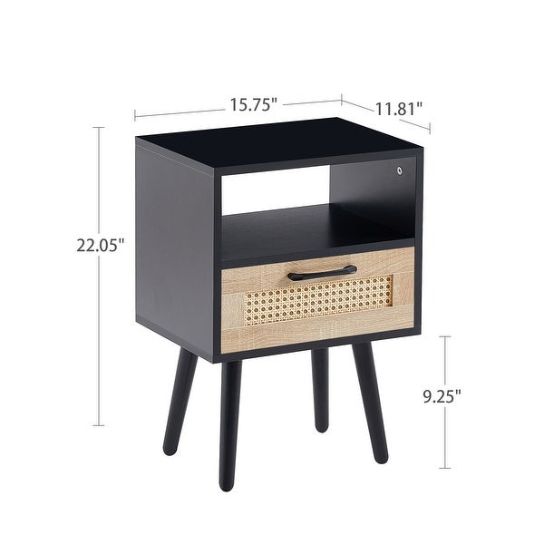 Modern Rattan Side table/Nightstand with 1 Shelf,1 drawer and 4 Solid Wood Legs