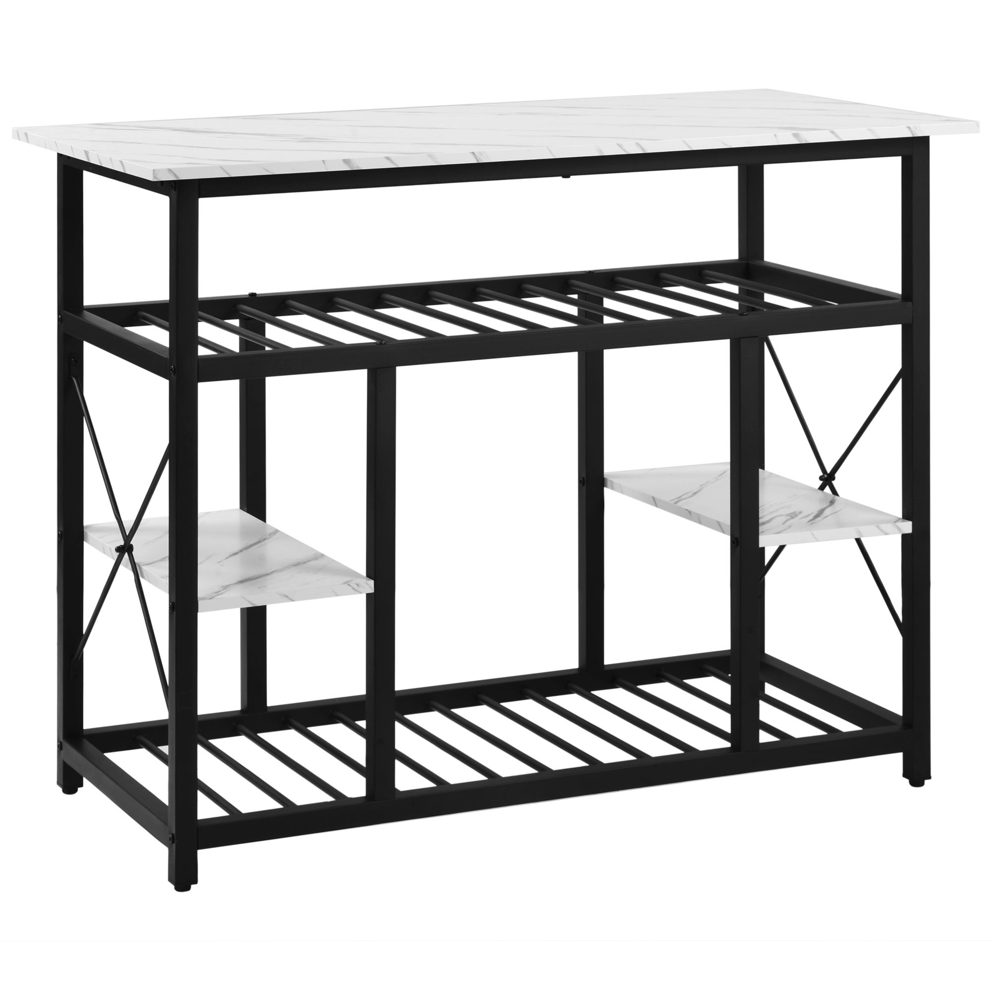 Kitchen Island with 4 Open Shelves(2 Side Shelves) and Wood Surface, Multifunctional Counter Height Prep Table, Marble