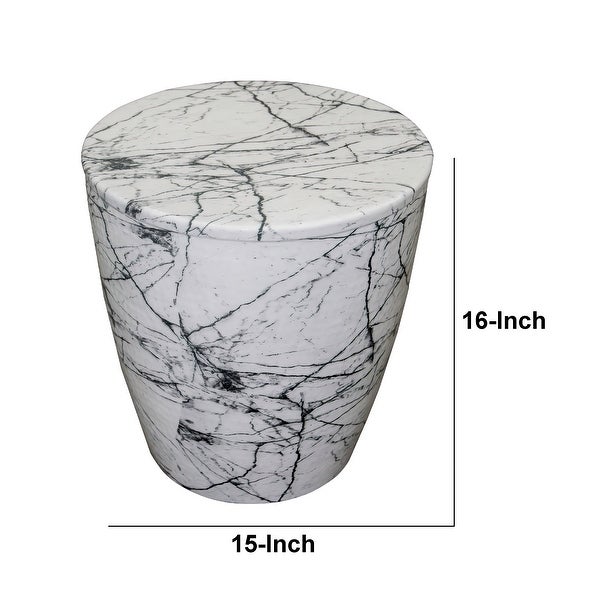 16 Inch Round Accent Side Table, Aluminum Sheet, Faux Marble, Enamel Coating, White