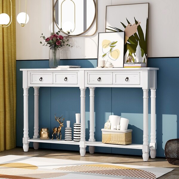 Rectangular Console Table Sofa Table with Drawers and Long Shelf, Walnut