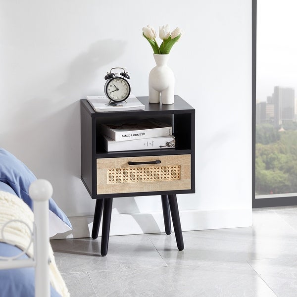 Modern Rattan Side table/Nightstand with 1 Shelf,1 drawer and 4 Solid Wood Legs