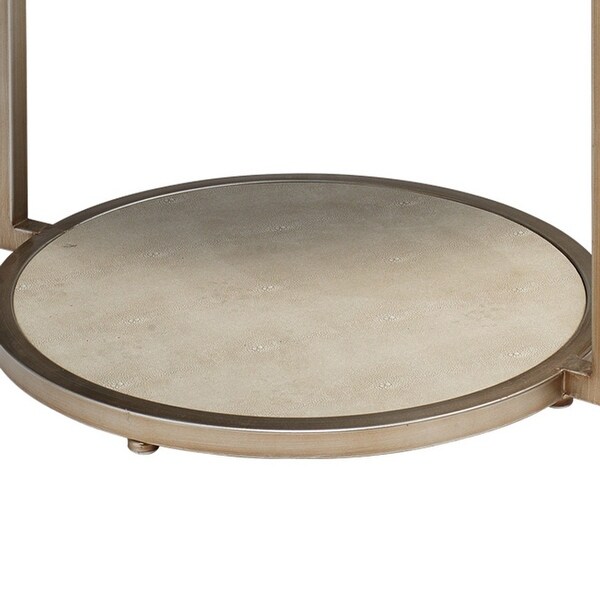 Metal Side Table with Round Top and Bottom, White and Gold