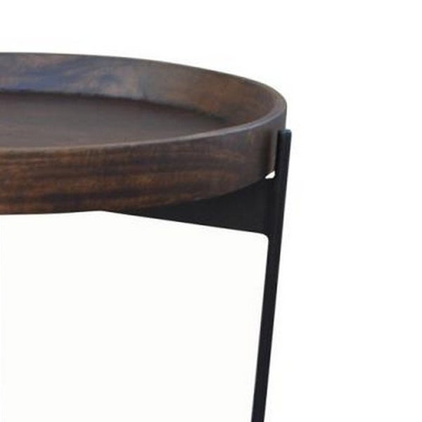 24 Inch Round Side Table, Dark Brown Mango Wood Tray Top, Black Iron Legs