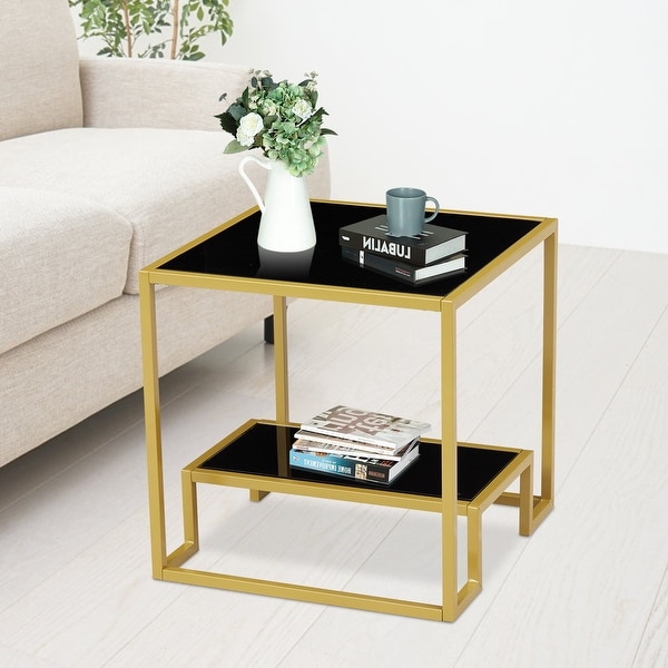 Kinbor Modern Glass End Table, Square Side Table w/ Open Storage Shelf, Tempered Glass Top, Small End Tables for Living Room