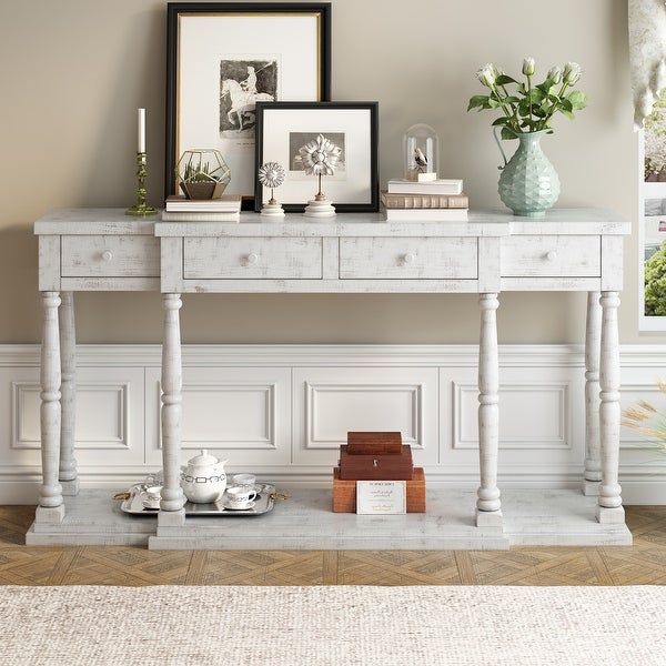 Retro Senior Console Table with 4 Front Facing Storage Drawers and a Shelf, Entryway Table for Entryway, Hallway, Living Room