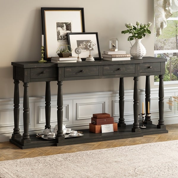 Solid Wood Console Table w/4 Drawers and Shelf for Hallway, Living Room