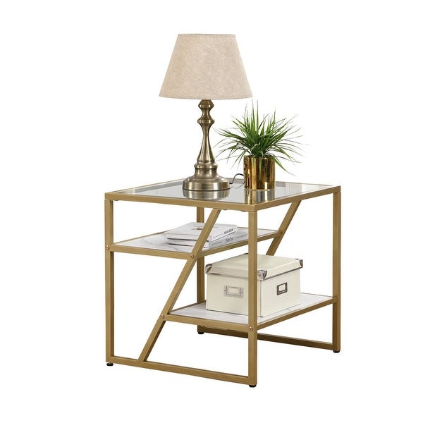 Side Table, End Table with Storage Shelf, Tempered Glass Coffee Table with Metal Frame
