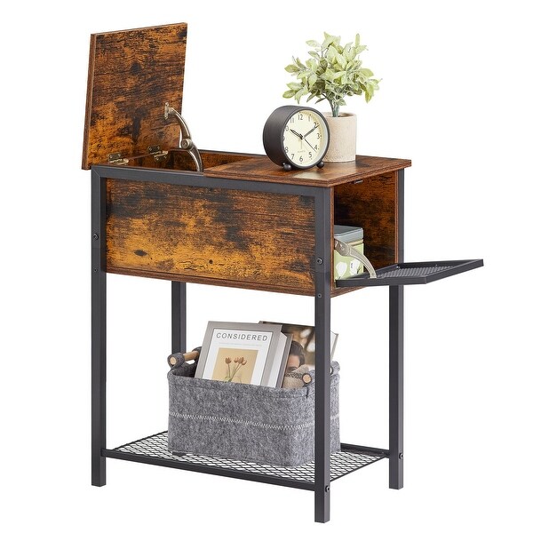 Set of 2 Flip Top Side Table with 1-Drawer and Steel Mesh Shelf ,Slim Sofa Table, Rustic Brown