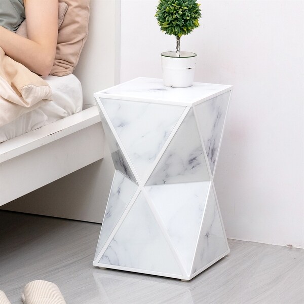 White Geometry End Table, Glass Nightstand, Marble Table
