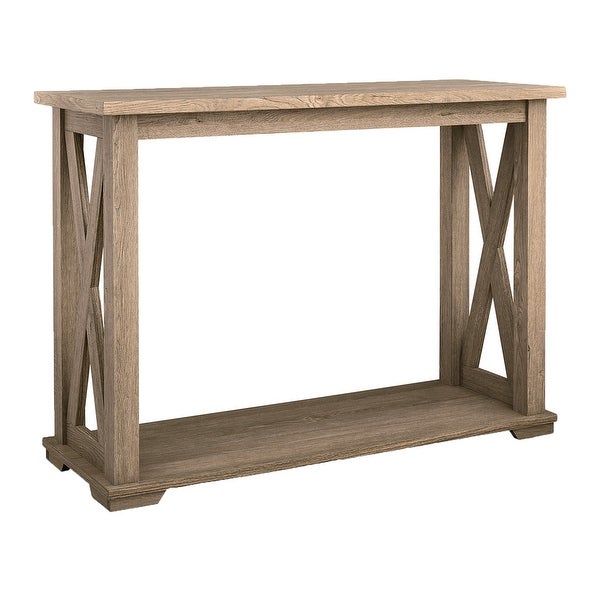 42 Inch Sofa Table, Crossbuck Side Accents, 1 Open Shelf, Rustic Brown