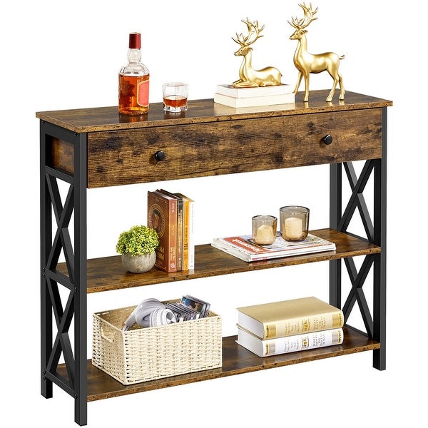 Wooden Console Table Entry Hallway Table with 1 Drawer and 2 Open Shelves, Rustic Brown