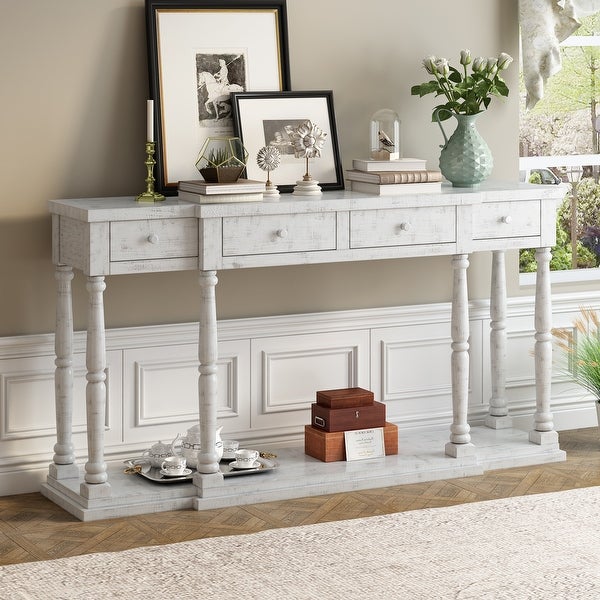 Retro Senior Console Table with 4 Front Facing Storage Drawers and a Shelf, Entryway Table for Entryway, Hallway, Living Room