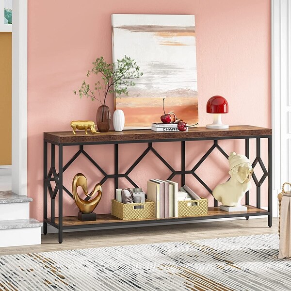 71 Inch Extra Long Console Table, Industrial Narrow Sofa Table Entry Table Behind Couch Table with Open Storage Shelf