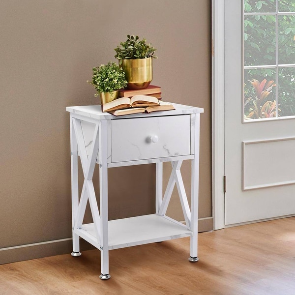 Nightstand with Drawer and Open Storage Shelves, Bedside End Table for Bedroom Living Room