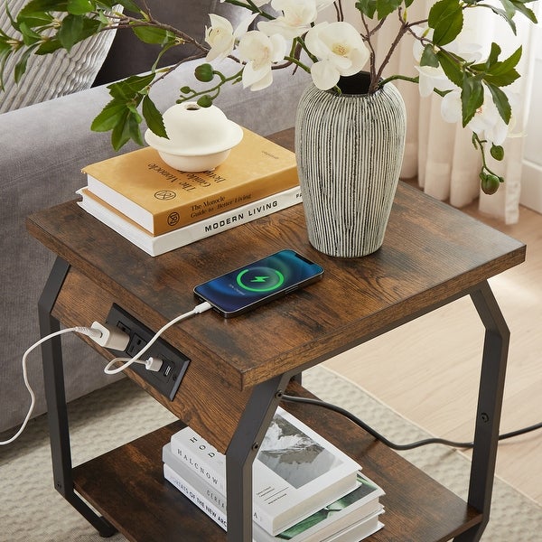 Set of 2 Side Tables with Charging Station, End Tables with USB Ports and Sockets, Bedside Tables for Living Room, Bedroom