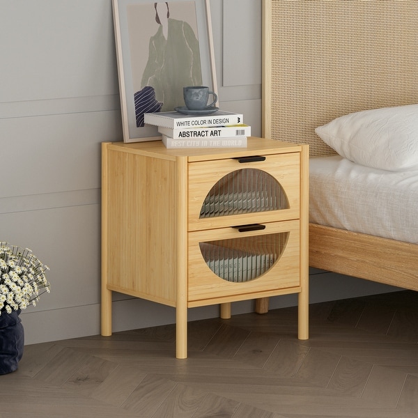 2 Drawer End Table,Bamboo Mid Century Modern Nightstand,Bedside Table Accent End Table Side Table for Living Room