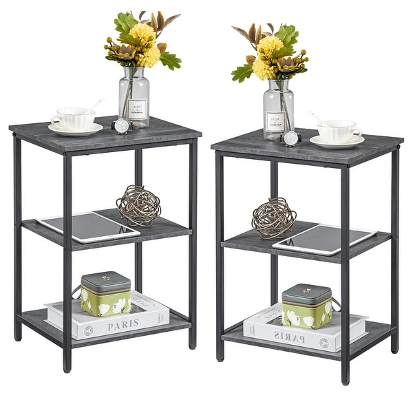 Set of 2 End Table With Wood Storage Shelf, 3-Tier Bedside Sofa Side End Table Storage Display Shelf