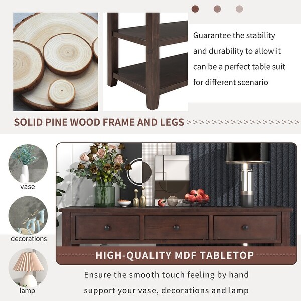 Retro Design Console Table with Two Open Shelves, Pine Solid Wood Frame and Legs for Living Room