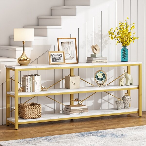 Brown Industrial Extra Long Console Sofa Table,White/ Gold 3 Tiers TV Stand
