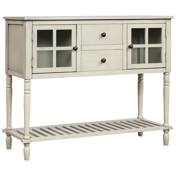 Farmhouse Distressed Sideboard Buffet Console Table with 2 Glass Front Cabinets, 2 Drawers and Slatted Bottom Shelf