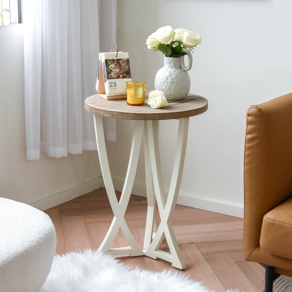 Farmhouse Round End Table, Rustic Wood Side Table for Living Room/Bedroom, White/Natural