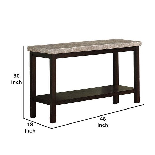 Wood and Marble Console Table with Open Shelf, Brown and Gray